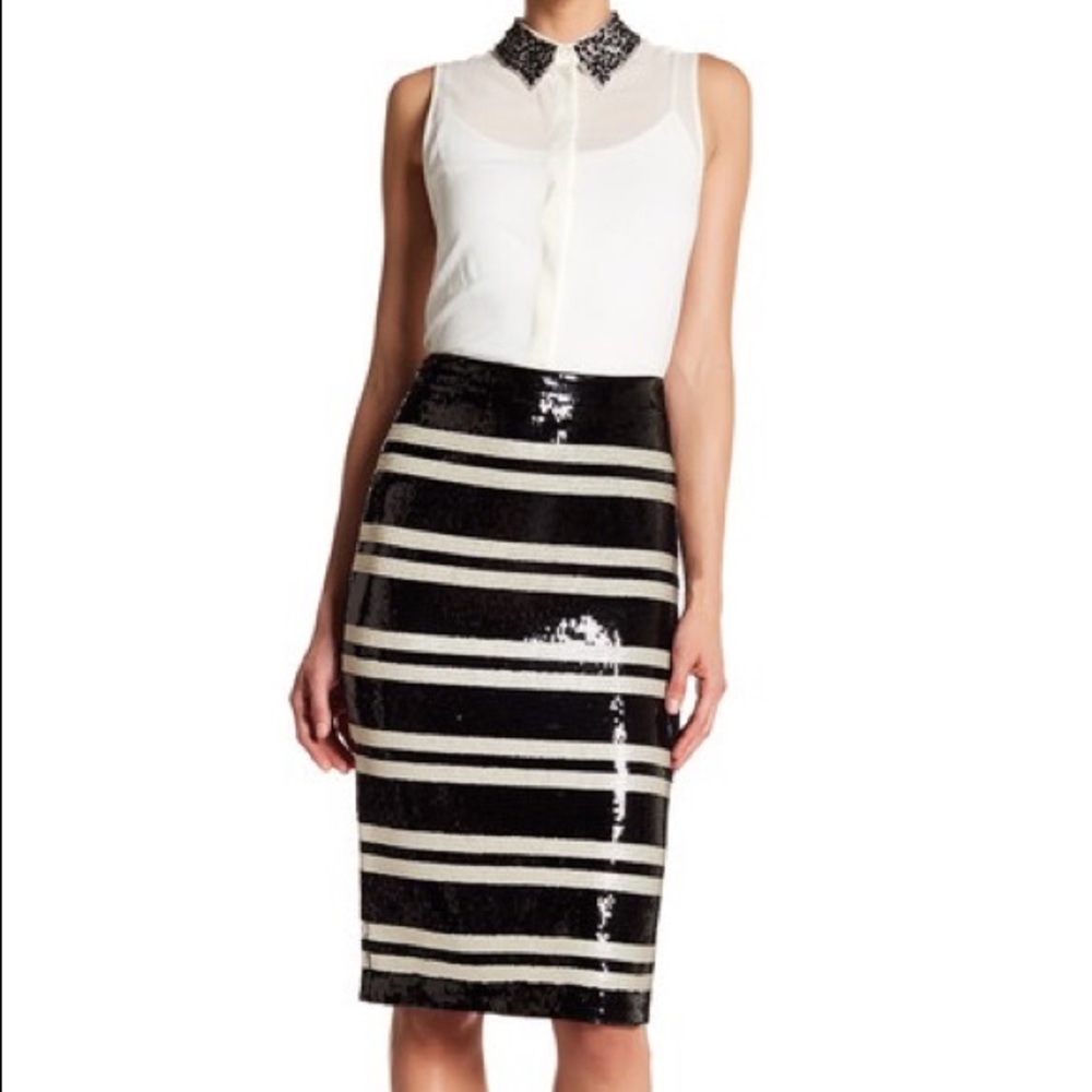 Alice + Olivia Black and Cream Striped Sequin Pencil Skirt
